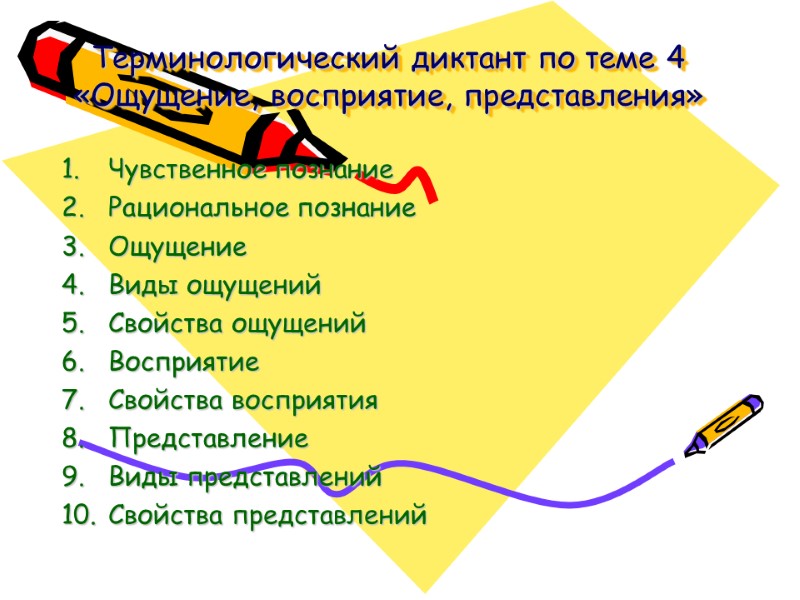 Терминологический диктант по теме 4 «Ощущение, восприятие, представления» Чувственное познание Рациональное познание Ощущение Виды